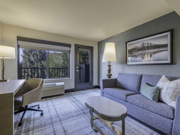 A modern living room with a gray sofa, coffee table, desk, lamp, and large window with scenic view. Framed photo on the wall.