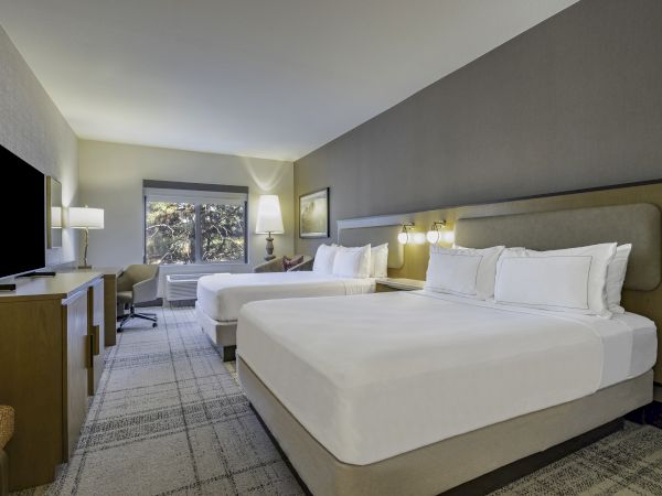 The image depicts a hotel room with two large beds, a TV, a desk with a chair, and lamps, all in a modern and spacious setting.