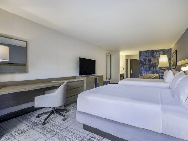 A hotel room with two beds, a desk with a chair, a TV, lamps, and a patterned wall near the door and mirror.