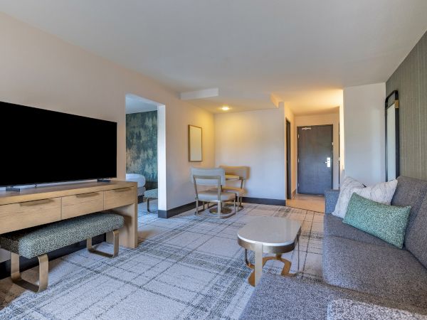 A modern living room with a TV, sofa, table, and chairs; minimalistic decor with neutral tones and a connected bedroom is visible.