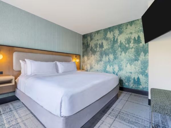 The image shows a hotel room with a large bed, decorative wallpaper, wall lamps, and a mounted TV on the wall.