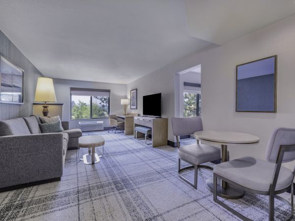 A modern living room with a gray sofa, TV, desk, small dining table, and large windows offering a view of trees.