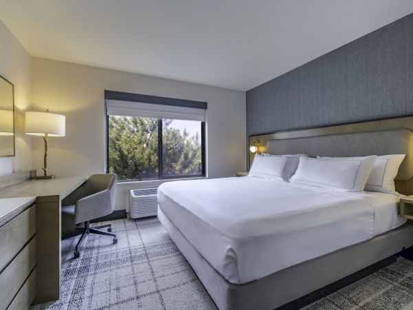 The image shows a modern, tidy hotel room with a large bed, a desk with a lamp, and a window with a view of greenery.