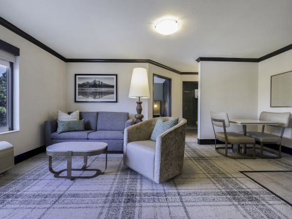 The image shows a modern living room with a sofa, armchair, coffee table, lamp, wall art, dining table, chairs, and window with a view.