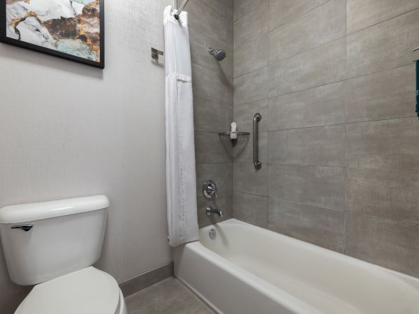 A bathroom with a toilet, bathtub with a shower and curtain, wall-mounted shampoo dispenser, grab bar, and framed wall art.
